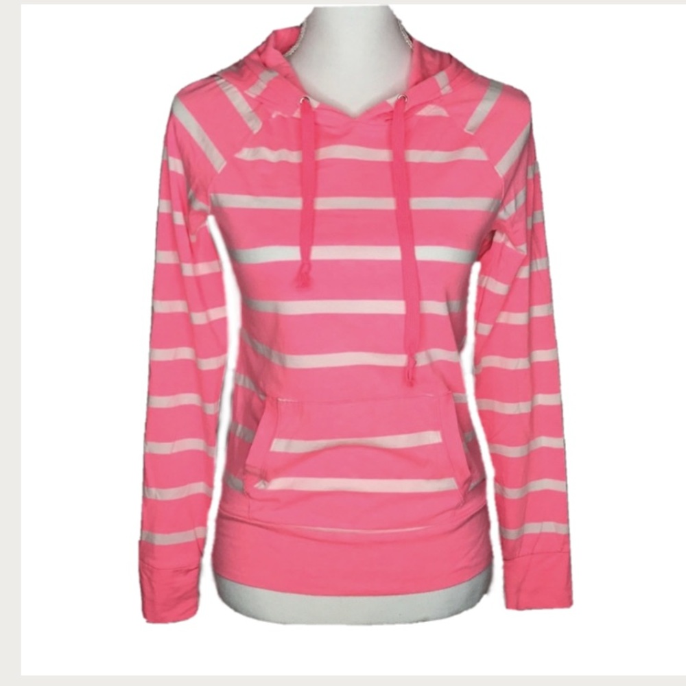 Zenana Outfitters thin pink and white hoodie